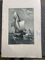 Full view of the etching showing a sailing yacht in motion with sails full and waves crashing.