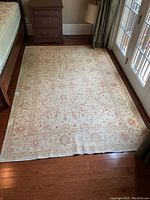 Full view of the rug on hardwood floor showing overall pattern and size.