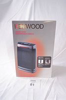 Front of Kenwood ceramic heater box showing image of heater and brand in large letters.
