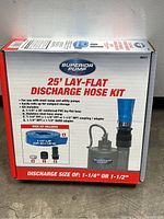 Front of box showing Superior Pump 25' Lay-Flat Discharge Hose Kit with usage details, hose measurements, and kit contents.
