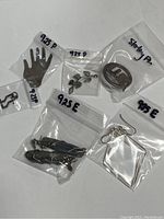 Multiple small plastic bags each labeled with 925 and containing a single piece of jewelry including pins, earrings, and pendants.