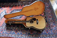 Guitar in open hardshell case on patterned rug