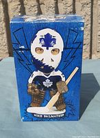 Front view of the boxed bobble head figure showing the goalie in Toronto Maple Leafs uniform with mask, hockey stick, and goalie equipment.