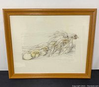 Front view of framed signed nature print showing bird evolution from egg to adult bird with wooden frame on black surface.