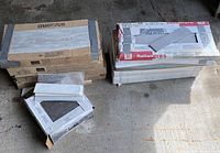 Nine boxes of assorted Italian porcelain floor, kitchen, and bath tiles including Venetian Stone and Elegant Collection series.