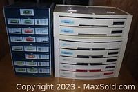 Two stacked plastic storage drawer units, one blue and one white, showing their size and labels