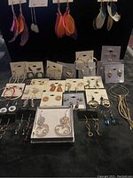 Full display of varied earrings arrayed on cards and directly on the surface, featuring colorful feathers, hoops, studs and decorative dangles