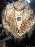 Front and close up view of the fur coat collar and upper chest area on a vintage mannequin, showing dense natural fur texture.