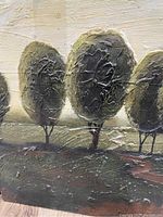 Close up photo showing the textured thick brush strokes on the tree shape in the painting, highlighting detail and style of artwork.