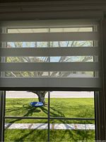 View of one installed sheer zebra blind partially open showing alternating opaque and transparent horizontal stripes and outdoor view.