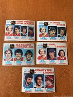 Photo showing all five 1978/79 OPC NHL Leaders hockey cards with player images and rankings visible