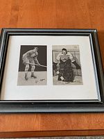 Framed display of two black and white hockey photos with autographs, one each of Syl Apps and Turk Broda