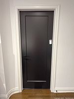 Full view of the dark painted door installed in a white door frame on hardwood floors.