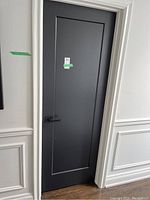 Full view of the painted interior door installed in a white doorframe, showing dark color and rectangular inset panel design.