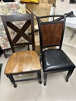 Two wooden chairs of different designs side by side showing seat and back details.
