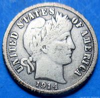Obverse image of 1914-D Barber Dime showing Liberty profile with laurel wreath and date 1914.