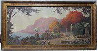 Front full view of framed garden print with fountain and trees in Art Nouveau styled frame.