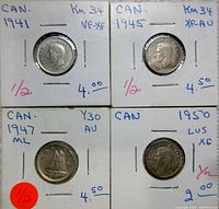 Front view of four Canadian silver dimes in cardboard holders with annotations of year and condition.