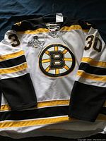 Full front view of white Boston Bruins hockey jersey with black and yellow striping, large Bruins B logo on front, number 30 on sleeves, and Champions patch on chest.