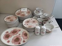 Full set arranged on table showing stacks of plates, cups, shakers, pitcher, serving dish, platter