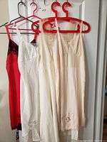 Four full slips hanging on hangers showing variety in styles and colors, red slip with black lace and floral details, white slip with lace details, two cream slips with lace and gathered fabric