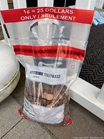 Transparent bag containing 2500 used pennies, with red top label stating value $25, photographed outside on ground near white railing and stone decoration.