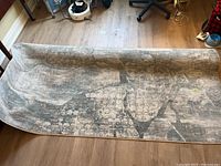 Image showing the entire Chloe area rug partially rolled to reveal pattern and condition on wood floor.