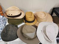 Photo showing six hats: two straw fedoras with bands, wide brim straw hat, greenish tweed cap, beige sun guard hat with mesh sides, and light beige straw hat.