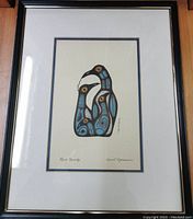 Framed First Nation art print 'Bird Family' by a signed artist in traditional style. Shows whole artwork, matting, and frame.