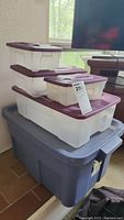 Stacked plastic storage containers including a large blue Rubbermaid Roughneck 14 gal container and four frosted containers with purple lids.