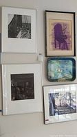 Frontal view of all five wall art pieces and painted tray mounted or displayed on wall.