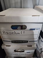 Closed white banker-sized box labeled 'Baseball' and 'Baseball Cards' for holding baseball cards