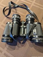 Front view of black textured binoculars with strap laid on brown carpet.