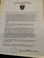 Front view of one reproduction letter from Dwight Eisenhower on Supreme Headquarters Allied Expeditionary Force stationery, containing motivational message to troops for the invasion of France dated 1944.