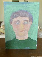 Full view of the original portrait painting showing the subject’s head and shoulders with a green background.