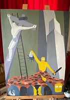 Full frontal view of surrealism style oil painting featuring a crucified man on a tilted cross with ladder and crowd below with yellow-faced figures and cityscape background.