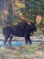 Full view of the oil painting showing a moose by a river in a forest landscape.