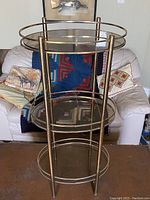 Full view of antique brass framed shelving with three round glass shelves, placed in a living room area.