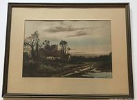 Full view of framed lithograph showing a rural farmhouse scene at dusk or dawn with trees and pathway.