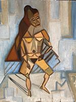 Full view of Picasso style abstract oil painting on board showing seated figure in geometric cubist style with muted color palette.