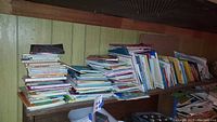 Photo showing large stacks of children's books on shelves in basement area
