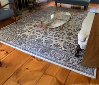 Full view of cream Oriental style area rug under glass coffee table and furniture showing overall condition and size.