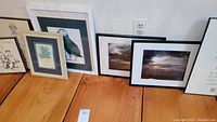 Photo showing several pieces of framed wall art including Puffin watercolor, pineapple painting, and framed cloud photos
