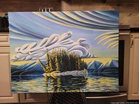 Full frontal view of the painting on easel showing entire composition
