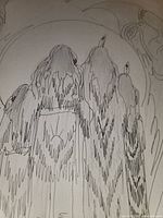 Close-up photo of the pencil sketch depicting draped figures with abstract background shapes.