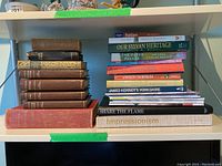 Full view of the stacked books and magazines on a shelf