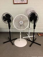 Four standing fans placed side by side against a wall, showing variation in size and colors.