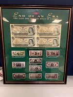 Framed display showing the entire collection including the uncut block of $1 bills and historical images.