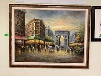 Frontal view of the large oil painting on canvas depicting Paris street scene, Arc de Triomphe centered, showing intricate brushwork and framed.