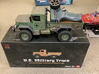 Side view of green remote control military truck on original box, remote control resting in truck bed.